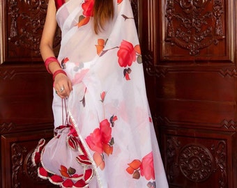 Red Phool Organza Saree