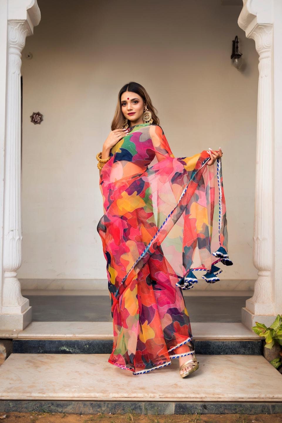 Multi-Color Organza Printed Saree | Organza Saree | Party Saree | Colorful Saree