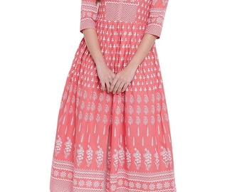 Pink A-Line Printed Cotton Dress