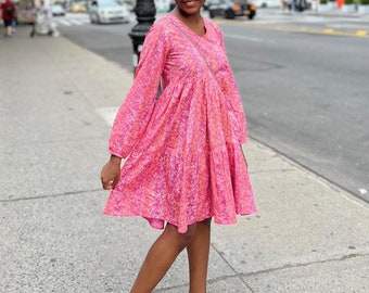 Pink Block Print Short Dress| Summer | Vacation | Cotton Dress | Short Dress with Pockets