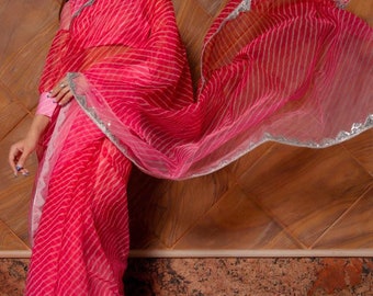 Pink Leheriya Organza Saree