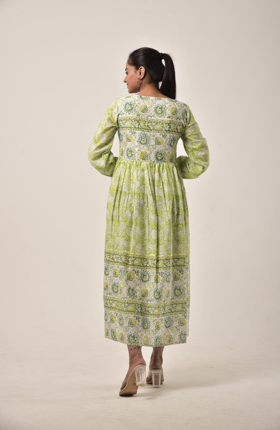 Moss Green Block Print Long Gown Kaftan