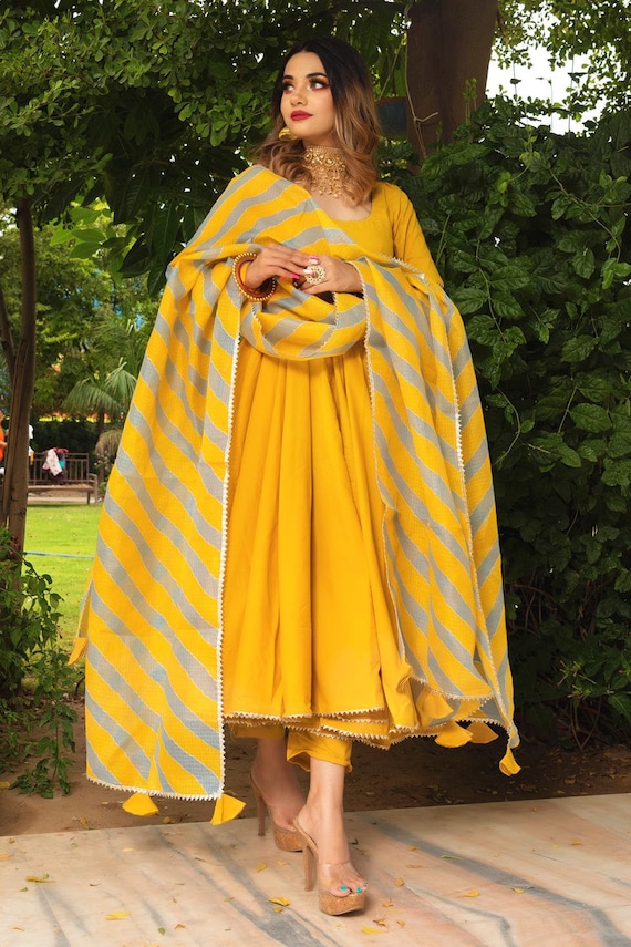 Rosemarry Yellow Cotton Anarkali Set Etsy