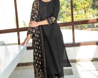 Black & Golden Solid Kurta Dupatta Set