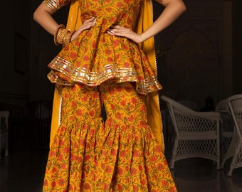 Darpan Mustard Yellow Hand Block Cotton Sharara Set