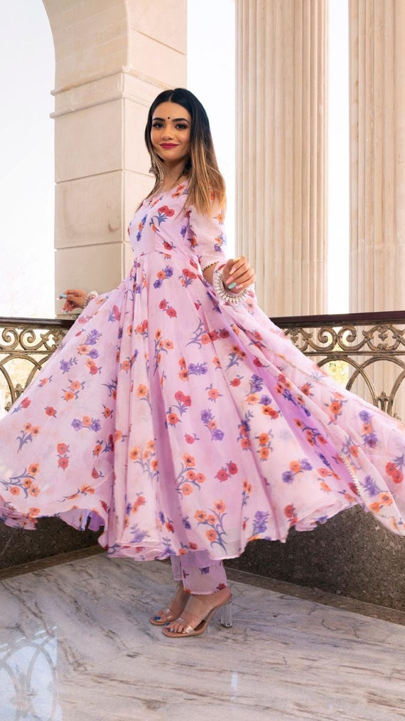 knee length dresses for ladies LAVENDER GANGAUR PRINTED ORGANZA ANARKALI WITH ORGANZA DUPATTA