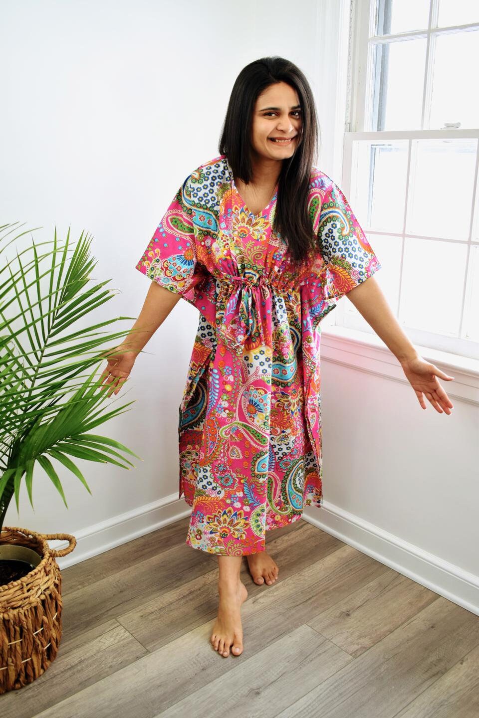 Pink Paisley Short Caftan| Summer | Vacation | Cotton Caftan