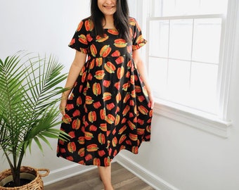 Black Burger Print Dress| Summer | Vacation | Cotton Dress | Midi Dress