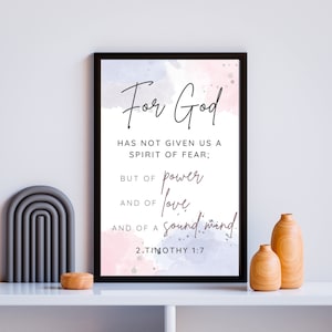 2. Timotheus 1:7 Bibelvers Wandkunst, denn Gott hat uns keinen Geist der Angst gegeben, Schrift druckbare moderne christliche Wandkunst