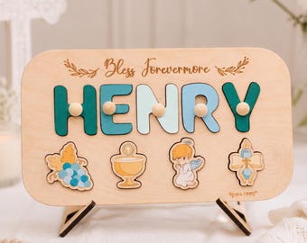 Regalo de bautizo para niño, rompecabezas religioso personalizado con nombre, tablero de dedicatoria de recuerdo, regalo de bautismo para niño