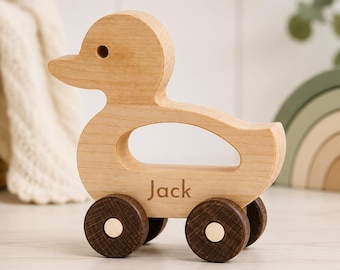 Wooden Toy Duck With Child's Name. Custom Baby Shower Gifts. Animals on the Wheels. Toddler Toys. Personalized Gift For Kids. Baptism Gifts.