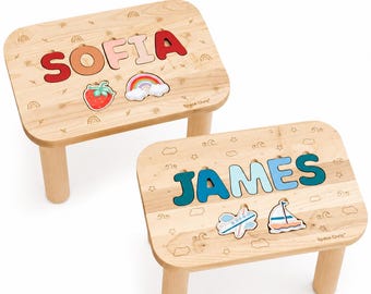 Taburete Montessori de madera, taburete con rompecabezas personalizado con nombre, taburete infantil hecho a mano, silla infantil de madera natural, regalo personalizado para bebé.