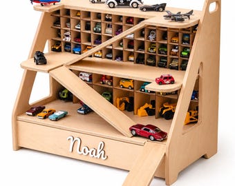 Garaje de madera para coches de juguete con nombre, almacenamiento personalizado para coches de juguete, regalo para niños.