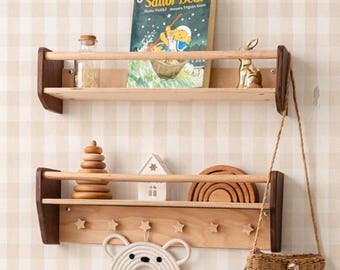 Estantería de pared de madera hecha a mano para guardería, expositor de libros Montessori, estantería infantil, decoración de rincón de lectura, almacenamiento para habitación de bebé, regalo personalizado para bebé