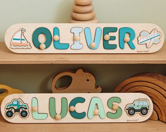 Rompecabezas de madera personalizado con nombre, letrero Montessori con nombre, decoración personalizada para estantes infantiles, rompecabezas con nombre de bebé, regalo para guardería, juguete educativo para niños pequeños.