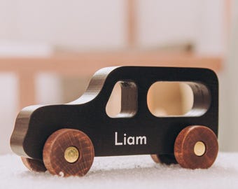Toddler-friendly Toy Cars Black Jeep with Name Wooden Sensory Cars For Kids 1st Birthday Boy Gift Personalized Toy Custom Baptism Gift