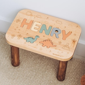 Dino Nursery Decor 1st Birthday  Gift Montessori Furniture For Kids Gifts for Toddlers Wooden Name Puzzle Stool Personalized Baby Boy Gifts