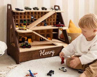 Garaje grande para coches de juguete - Regalo de Navidad personalizado para niños pequeños - Almacenamiento personalizado de coches de juguete Montessori