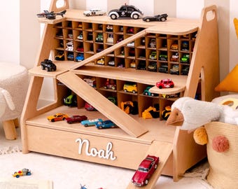 Nursery Toy Cars Storage, Wooden Car Garage for Kids – Double-Level Parking Station & Vehicle Playset,  Birthday Gift for Baby Boy