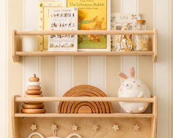 Libreria a muro per cameretta, mensola sospesa con ganci, piccola mensola per cameretta, mensola galleggiante in legno, mobili Montessori, mensola boho per giocattoli