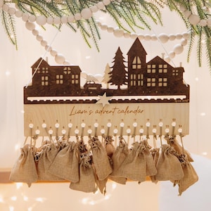 Personalized Christmas Countdown | Wooden Advent Calendar with Name and Bags|