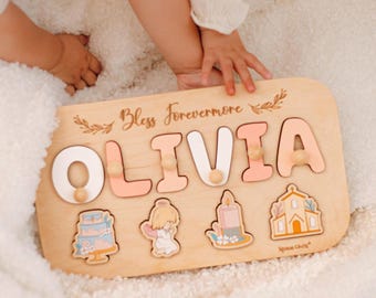 Rompecabezas personalizado con nombre para bautizo, regalo de bautizo para niña, tablero de dedicación para bebé, recuerdo religioso para ahijada.