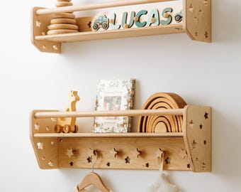 Wall Shelf with Hooks | Nursery Furniture | Wooden and White Wall Bookshelf for Kids | Set of Shelves for Books & Toys | Child's Room