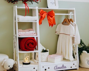 Kid Wardrobe Rack with Name, Christmas Gift for Kids, Wooden Closet for Kids, Montessori Furniture, Dress Up Nursery Shelves for Clothes