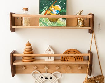Juego de estantes para libros y juguetes / Estante de pared con ganchos / Muebles para guardería / Estantería de pared de madera para niños / Organizador de habitación infantil