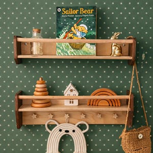 Dark Wood Nursery Shelves, Wall Hanging Bookshelf, Floating Shelf, Montessori Furniture for Kids, Wooden Set of Shelves
