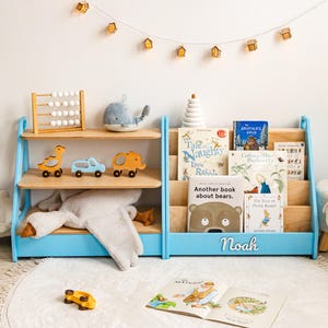 以下が含まれることがあります： 本、おもちゃ、そして前面に「Noah」という名前が付いた、明るい青色の木製本棚。本棚には、子供向けの書籍、ぬいぐるみクジラ、木製のおもちゃが入っています。本棚の上には、電飾が吊り下げられています。