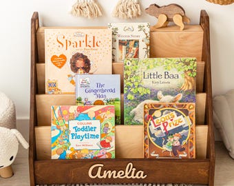 Muebles Montessori personalizados para niños: estantería a medida con nombre y color a elegir, decoración infantil en madera natural.