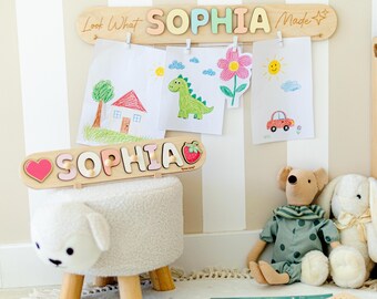 Personalized Kids Art Display Hanger, Custom Name Artwork Holder, Look What I Made Sign, Girls Room Wall Decor, Sophia Name Gift