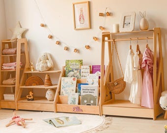 Nursery Set-Montessori Clothing Rack with Shelf, Montessori shelf, Montessori Furniture, Dress Up Storage, Montessori Bookshelf, Toy Storage