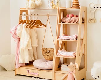 Personalized Girls Dress Up Rack, Montessori Clothes Rack for Kids, Wooden Toddler Wardrobe, Nursery Clothing Storage, Christmas Kids Gift
