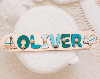 Rompecabezas náutico con nombre, regalo de cumpleaños personalizado con velero, primer cumpleaños con temática oceánica, rompecabezas de madera personalizado con nombre, decoración costera para la habitación del bebé.