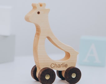 Toy Giraffe Personalized. Sensory Toy For Toddlers. Baby Boy/Girl Gift. Wooden Animal on Wheels. Baby Shower Gift. Custom 1st Birthday Gift.