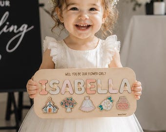 Rompecabezas personalizado para la niña de las flores, placa de madera personalizada con el nombre, dulce regalo de boda para niños, momento de la fiesta nupcial, regalo de boda para niños