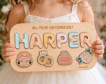 Regalo para proponer ser niña de las flores, rompecabezas personalizado para niña de las flores, ¿Quieres ser mi niña de las flores?, recuerdo de madera personalizado con nombre, regalo de boda para niña.