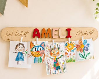 Convierte tus dibujos en recuerdos, expositor personalizado de obras de arte infantiles, cartel "Mira lo que hice", soporte para obras de arte con nombre personalizado, decoración para la habitación de los niños, regalo para bebés