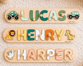 Rompecabezas personalizado con el nombre del bebé - Regalo de primer cumpleaños, juguete Montessori de madera para niños de 1 año, regalo de primera Navidad, juguete Montessori con el nombre, decoración para la habitación del bebé