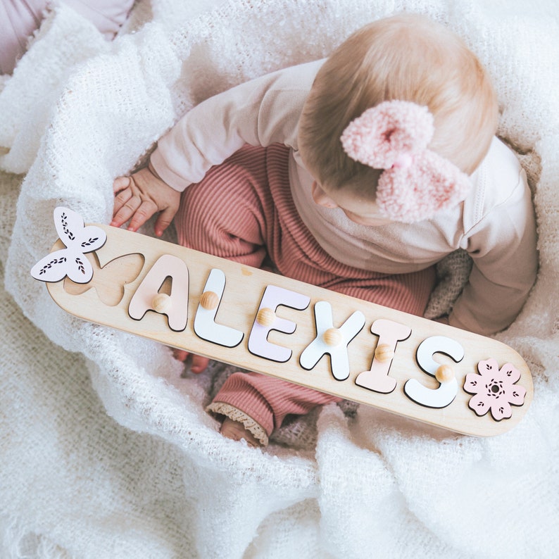 Personalized Name Puzzle With Pegs Newborn Baby Gift Montessori Puzzle For Toddlers Wooden Toys For Kids Baby Shower Baptism Easter Gifts image 1