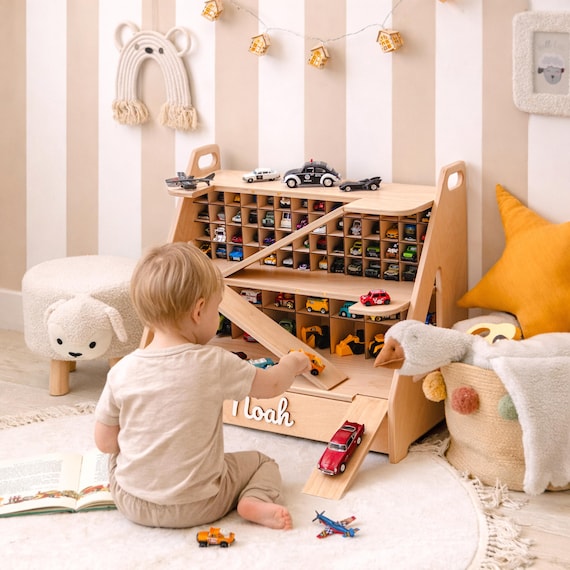 Personalized Wooden Car Garage for Kids, Custom Name Toy Parking Ramp, Montessori Furniture, Toys Organizer, Toddler Boy Gift