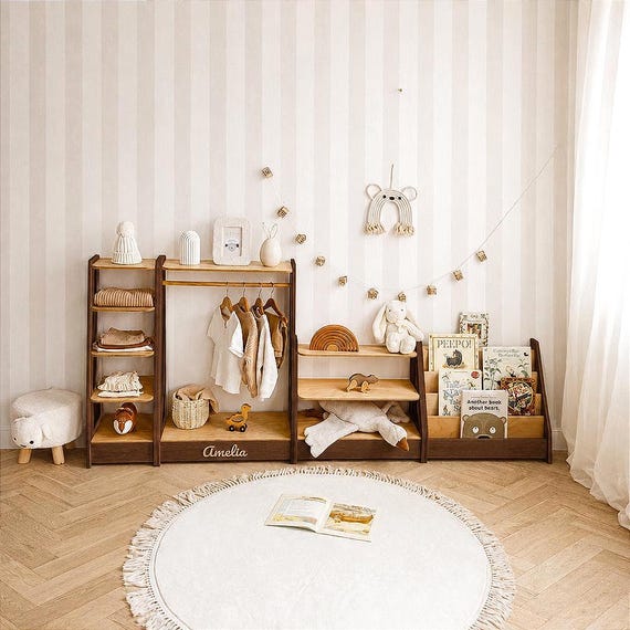 Montessori Furniture, Children Wardrobe, Nursery Shelves, Custom Wooden Bookshelf, Clothes Rack For Baby Room, Kids Closet, Dress Up Storage