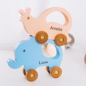 Pull Along Elephant, Natural Material Safe For Kids Keepsake Gift for Baby, Push Toy for 1 2 Year Old, Personalized Wooden Animals on Wheels