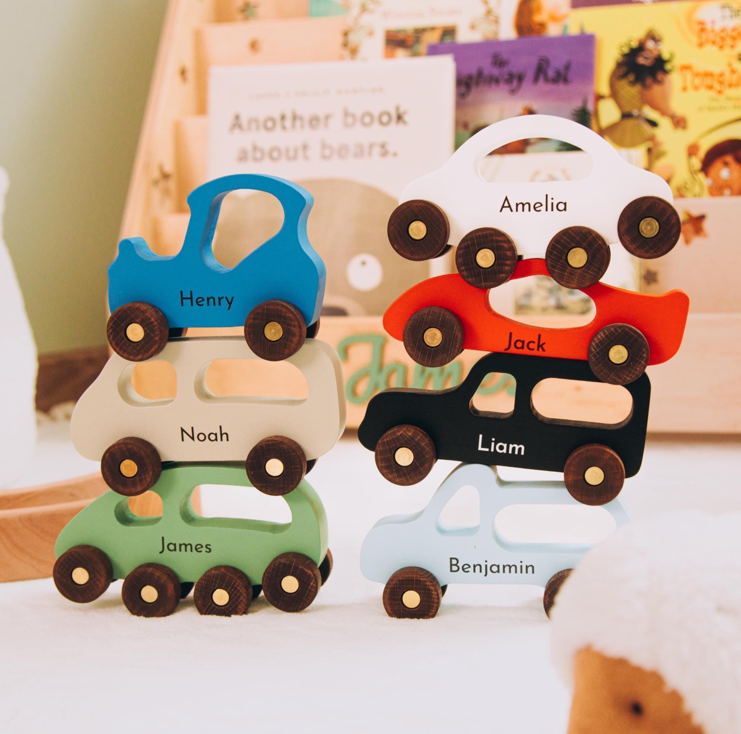 Colorful Wooden Car Toy For Boys Cars With Names Gift for Grandson Sensory Toys For Toddlers First Birthday Gift for Kids Newborn Gift