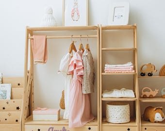 Wooden Closet for Kids, Montessori Furniture, Children Wardrobe, Dress Up Nursery Shelves, Custom Wooden Bookshelf, Clothes Rack For Baby.