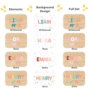 Puede incluir: Una cuadr&iacute;cula de rompecabezas de madera personalizados con nombres en cuatro temas: Wildwood con un oso y una ardilla, Rose con una mariposa y una flor, Boho con un coraz&oacute;n y un arco&iacute;ris, y Dino con dos dinosaurios. Cada dise&ntilde;o muestra un nombre.