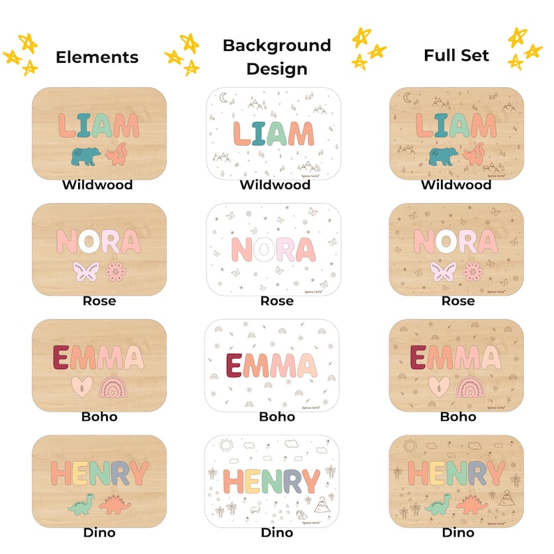 Puede incluir: Una cuadr&iacute;cula de rompecabezas de madera personalizados con nombres en cuatro temas: Wildwood con un oso y una ardilla, Rose con una mariposa y una flor, Boho con un coraz&oacute;n y un arco&iacute;ris, y Dino con dos dinosaurios. Cada dise&ntilde;o muestra un nombre.