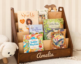Kids Bookshelf for Pastel Nursery, Toy Shelf, Toddler Room Organizer, Montessori Reading Shelf in Natural Wood for Scandinavian Nursery